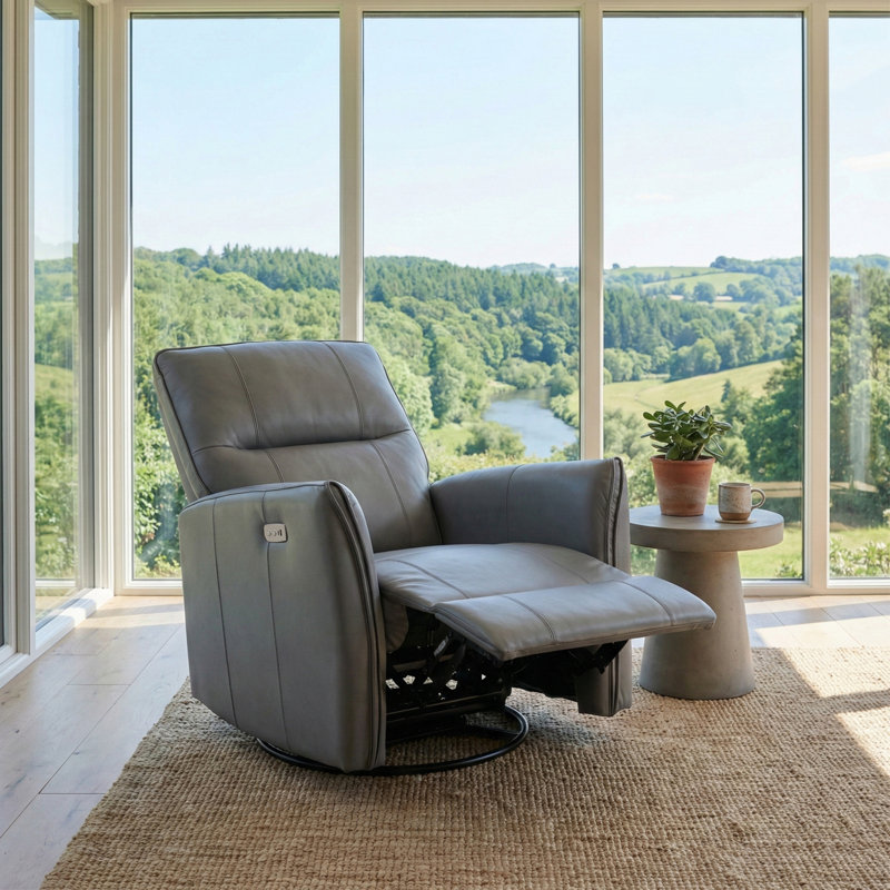 Coamhan 31.5" Wide Genuine Leather Modern Power Recliner with Swivel and Glider, Gray