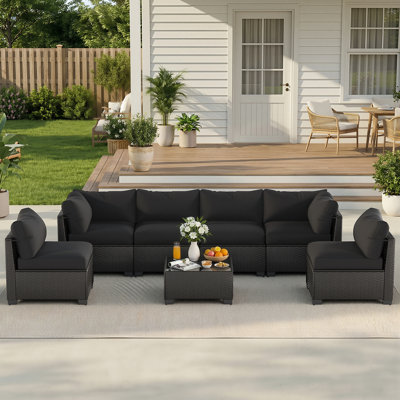 Outdoor 7-Piece Modular Rattan Patio Conversation Set with Cushions