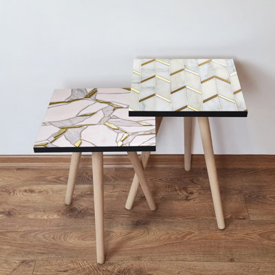 Ensemble de tables gigognes modernes (2 pièces), rose et or, gris et blanc | 100% panneau de fibres à densité moyenne avec pieds en bois de hêtre | Plus grande table: 13,8 po x 18,5 po x 13,8 po, plus petite table: 13,8 po x 16,5 po x 13,8 po | Conception géométrique élégante pour la décoration et la fonctionnalité de la maison