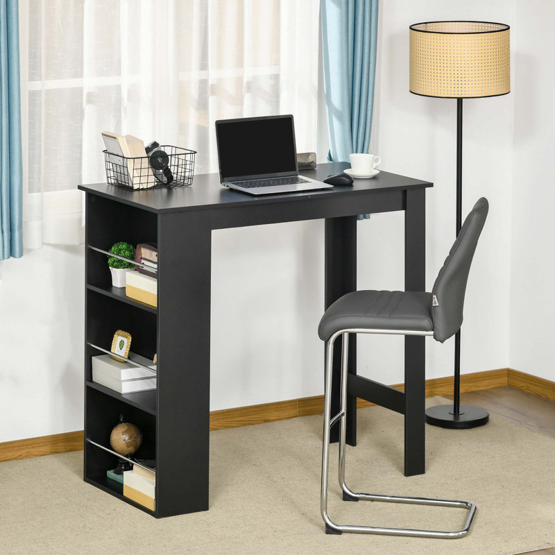 Black Wood Counter Height Bar Table with Storage Shelves