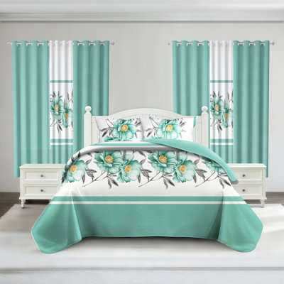 King Size Comforter Set 9 Pieces, All Season Luxury Bed in a Bag for Bedroom, With Matching Curtains, Soft Microfiber, Green Rose