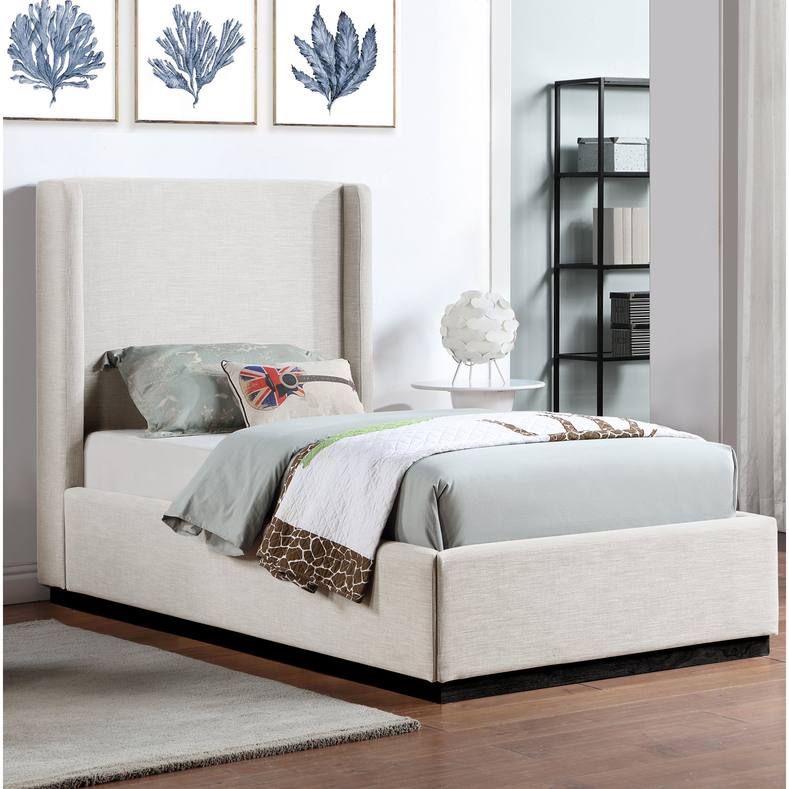 Upholstered Panel Bed, Beige Linen Textured Fabric, Twin