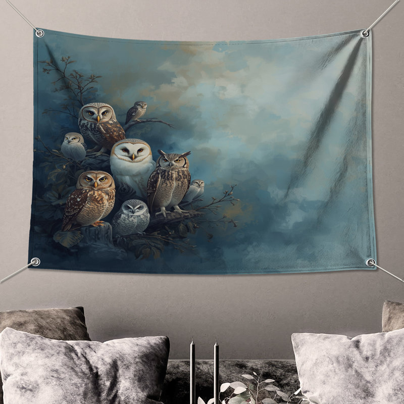 Tapisserie murale «Group Of Owls» - Décoration murale hiboux, 68in H x80in W with 4 Grommets