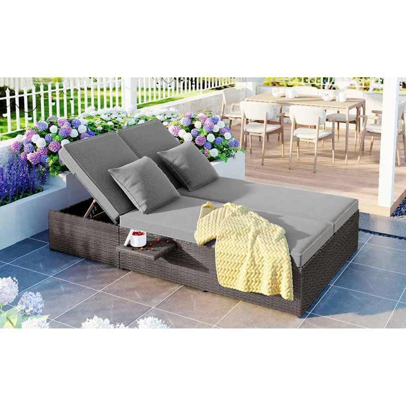 Outdoor Double Sunbed, Wicker Rattan Patio Reclining Chairs With Adjustable Backrest And Seat, Conversational Set For 2 Person