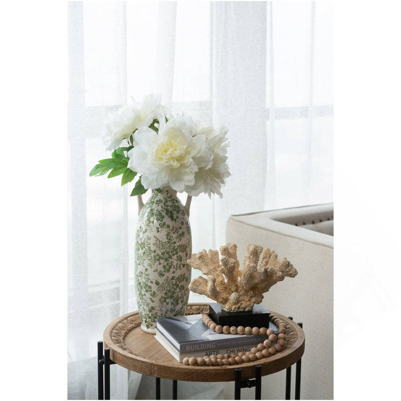 Vase en céramique 5,9 x 5,9 x 15,6 po avec motif floral vert et petites poignées