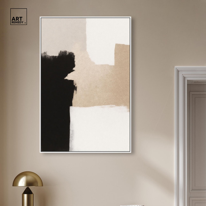 Décoration murale neutre sur toile beige et noir I , H 46 po x l 31 po, Cadre flottant blanc