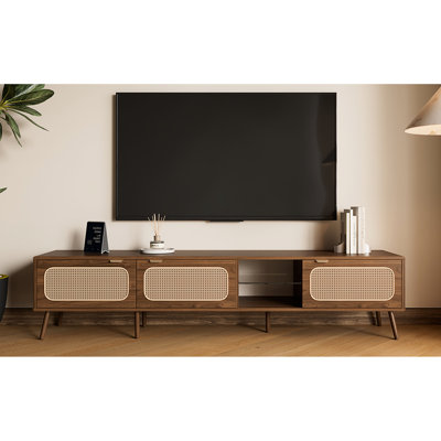 Meuble télé 78 po pour téléviseur de 70 à 79 po, chambre à coucher ou espace de vie console, rangement pour porte et tablette ouverte, charnières à fermeture en douceur, poignée à tirer, structure en bois massif, meuble télé noyer, console, chambre à coucher