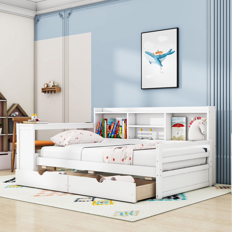 Lit de jour simple en bois avec bureau, station de charge et 2 tiroirs, Blanc
