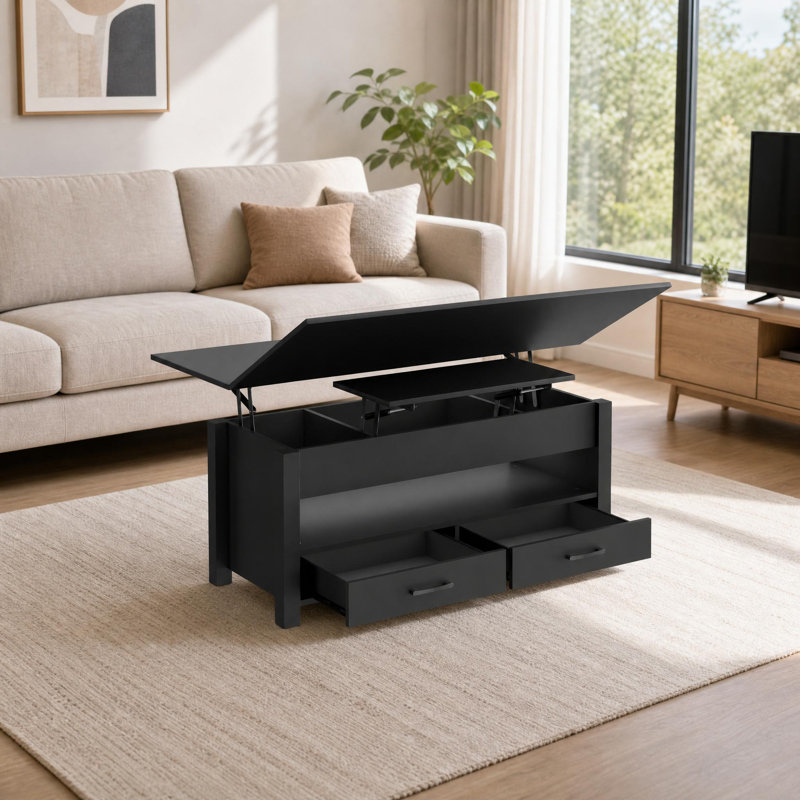 Table basse à plateau relevable multi-fonctions 4-en-1 avec tiroirs et rangement caché, Modèle n ° 1, Noir