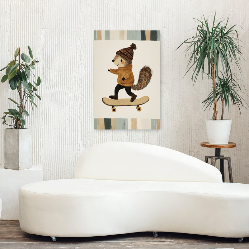 «Happy Squirrel Skater», reproduction d'art murale forêt écureuil contemporain, H 36 po x l 24 po