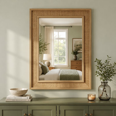 Rattan Rectangle Solid Wood Frame Decorative Mirror