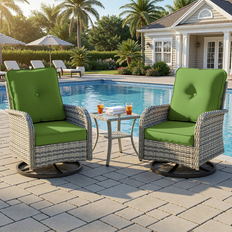 2-Person Patio Conversation Set With Rocking Swivel Chairs And Tempered-Glass Table, Lime Green