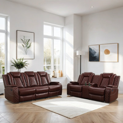 2-Piece Vegan Leather Power Reclining Living Room Sofa Set With Wireless Chargers And LED Lights