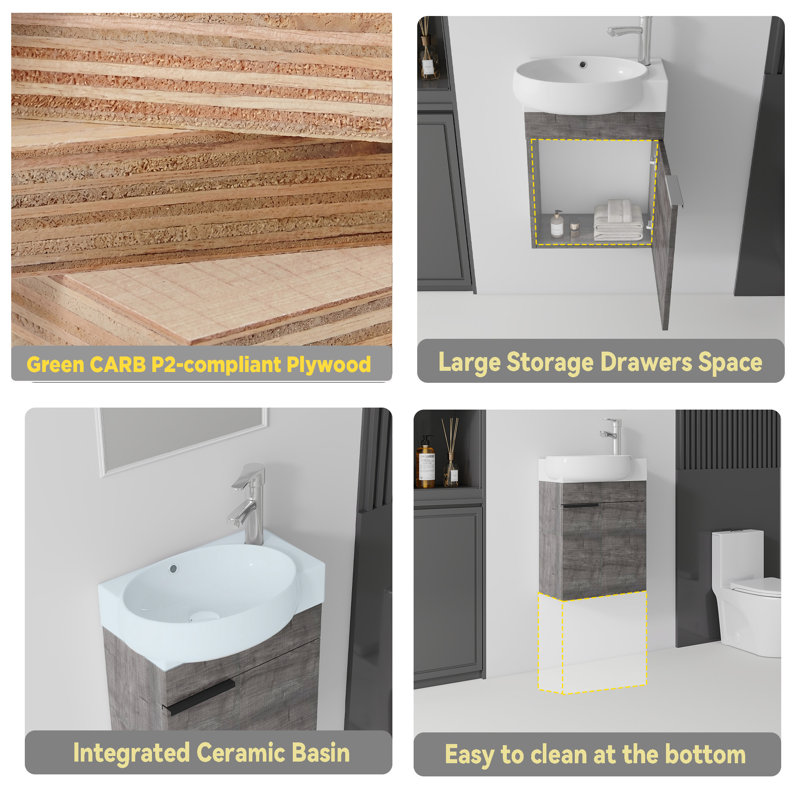 Ensemble de meuble-lavabo mural 16 po avec lavabo et portes à fermeture en douceur pour petites salles de bain, Grey