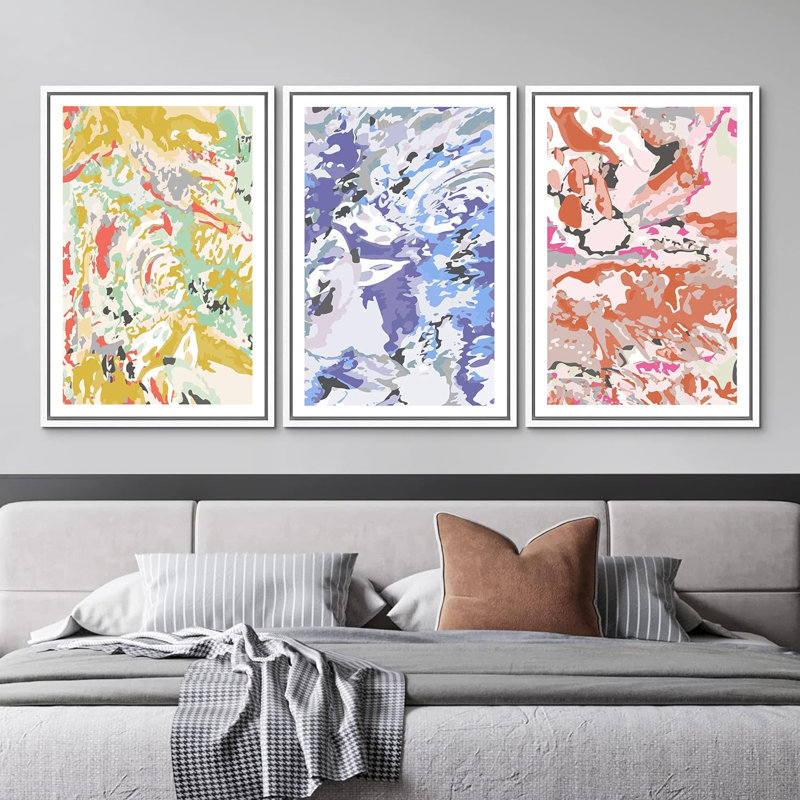 Abstrait arc-en-ciel coloré avec tourbillons colorés 3 pièces, H 24 po x l 16 po x P 1,5 po, Blanc
