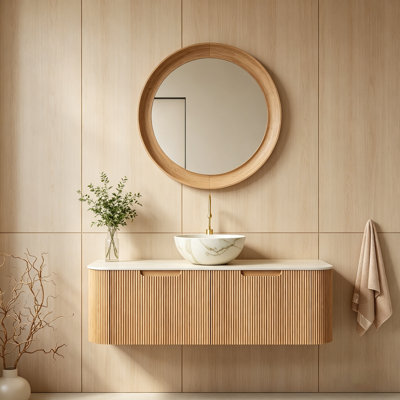 48" Bathroom Vanity&Sink, Floating Curved Edges Striped Storage Cabinet with 2 Drawers, Stone White Bowl Ceramic Basin&Travertine-Pattern Sintered Stone Top, Pre-assembled, Natural Woodgrain