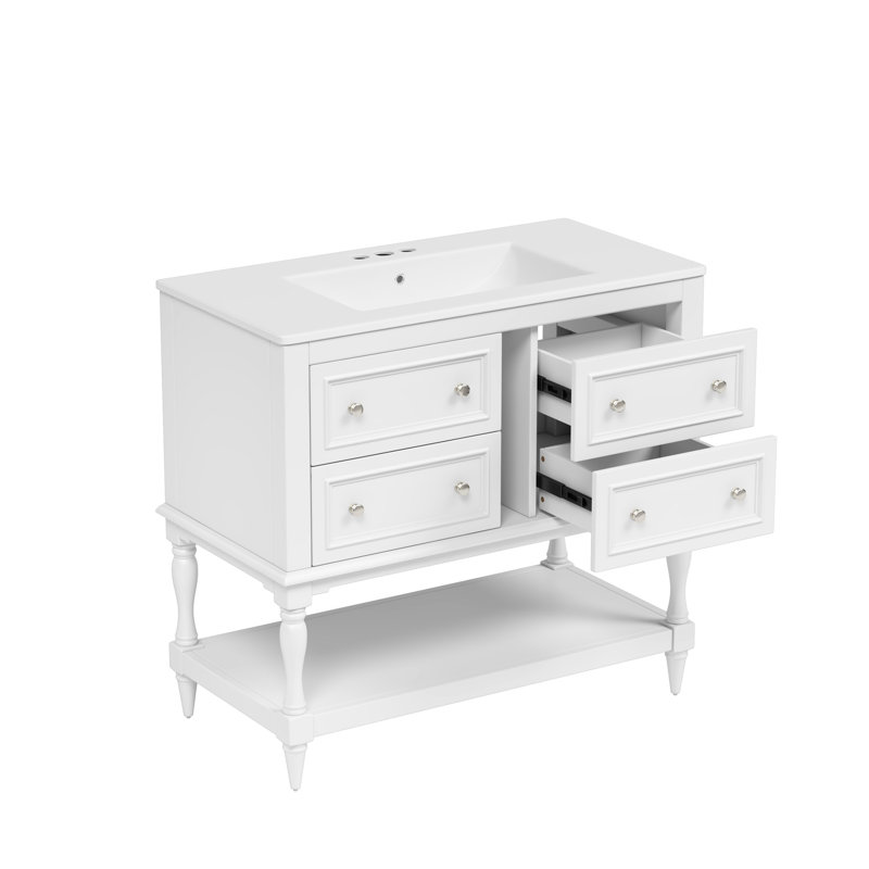 Meuble-lavabo de luxe 36 po avec armoire à miroir, structure en bois massif, quatre tiroirs, finition imperméable, poignée argentée, lavabo en céramique avec extension de haute qualité, poignées,