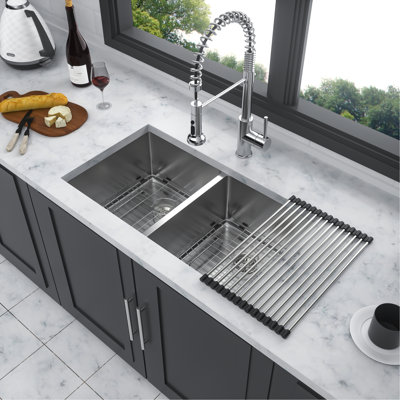 30" Double Bowl 50/50 Undermount Stainless Steel Kitchen Sink 16 Gauge, 10" Deep Basins, Hand - Crafted, Rear 3.5 Drain, X Grooves For Efficient Draining, 3Mm Soundproofing, Condensation, Included