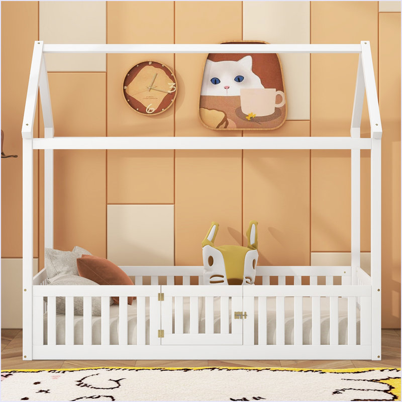 Lit en bois avec clôture et porte, Blanc / Blanc, Simple