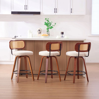 Set Of 3, 26-Inch Counter Height Bar Stools - Walnut Black, Cane Rattan Back, Beige Linen Upholstered Seat