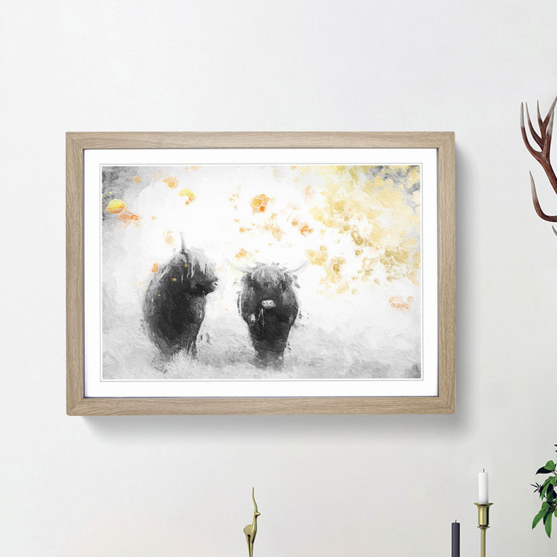 Two Highland Cows in Abstract - Framed Print, 36cm H x 48cm W x 2cm D, Oak Framed