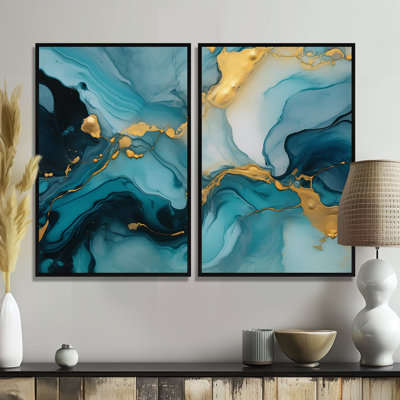 Turquoise doré infusé marbre II - fractales abstraites, art mural