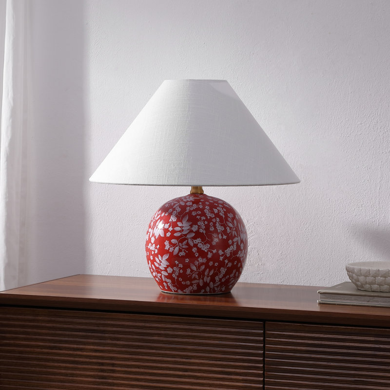 Felice 17.25" Modern Cottage Floral Ceramic Globe LED Table Lamp, Red/White