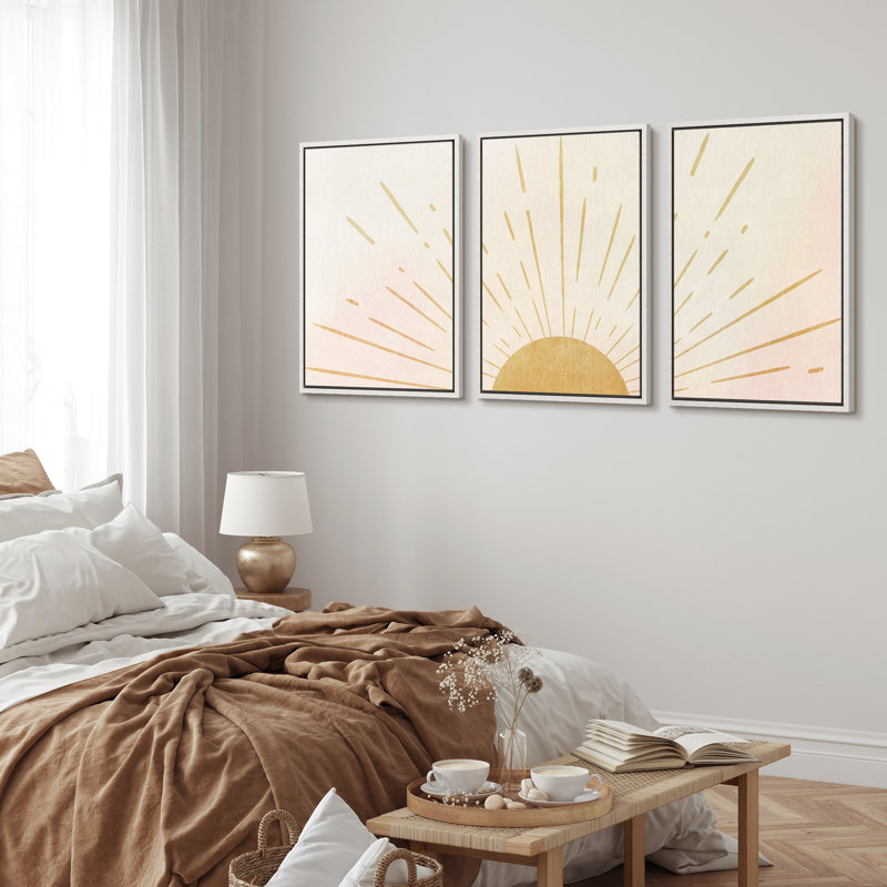"Bright Bright Yellow Burst", Neutral Abstract , H 24 po x l 48 po, Cadre flottant, Blanc