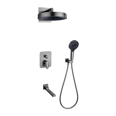 Ensemble de douche encastré noir complet 0Ontz, robinet mélangeur à contrôle chaud / froid à deux poignées, douche à main 4 modes avec surpression + grande douche de pluie et bec de baignoire rotatif avec valve brute en laiton massif incluse