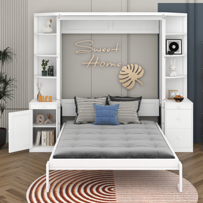 Queen Size Murphy Bed With Desk & Open Shelves & Cabinet, Wooden Foldable Hidden Wall Bed With Foldout Workstation & Drawers