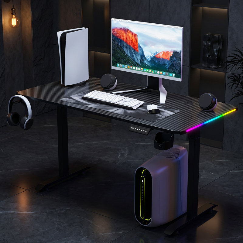 55" Dual Motor Electric Standing Desk, RGB Gaming Height Adjustable Desk (28"-47.2" H) with Carbon Fiber Top, Headphone Hook & Cup Holder