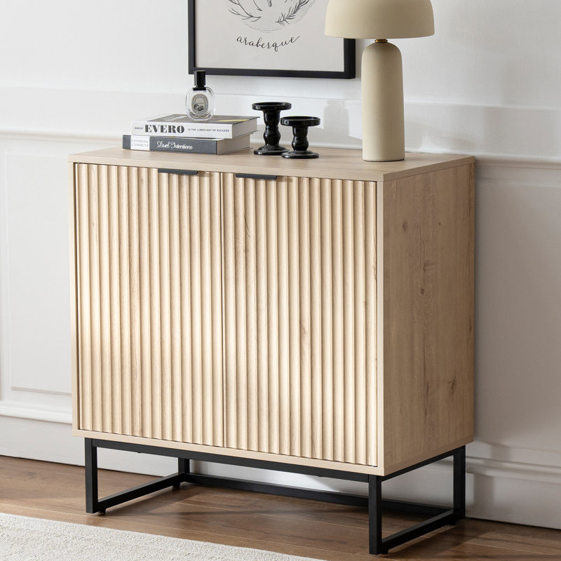 31.5" Tall 2 - Door Fluted Accent Cabinet,Sideboard with Adjustable Shelves, Light Oak/Black, Brushed Gold