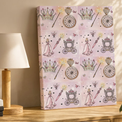 Toile, motif fantaisiste et enchanteur mettant en vedette divers éléments de contes de fées, art mural sur fond rose pâle