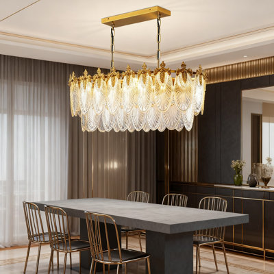 Lustre rectangulaire en verre de cristal avec hauteur réglable, 8 lumières suspendues à cadre en métal doré brossé pour salle à manger