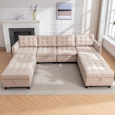 "164" + Canapé modulaire 8 places avec 2 repose-pieds de rangement - 6 sièges + 2 repose-pieds, lin de qualité supérieure, conception extensible