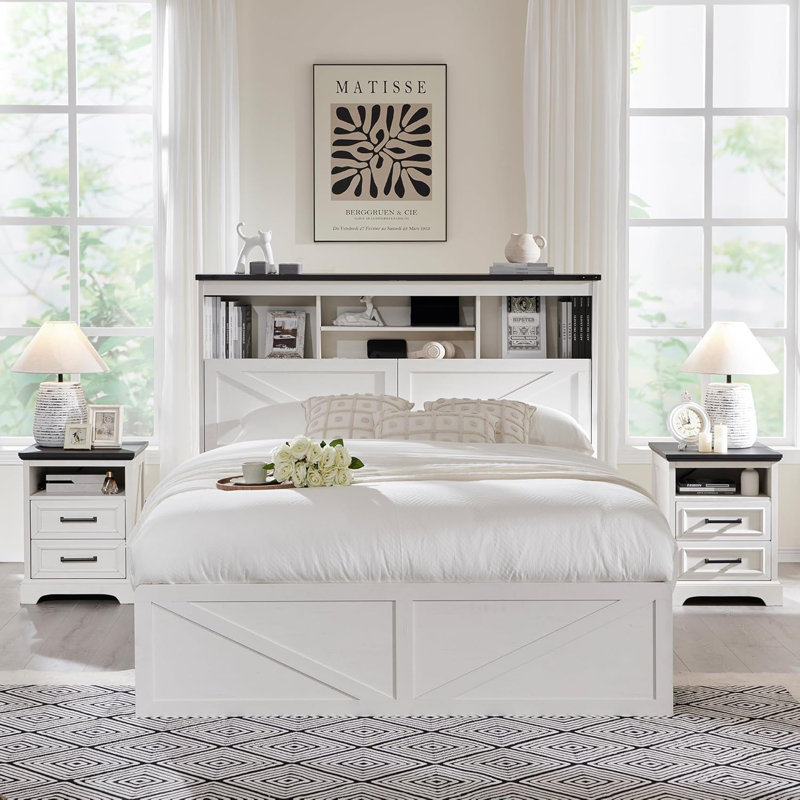 Chantise Farmhouse Queen Platform Bed with Storage and Headboard, Wood Platform Bed Frame with Charging Station and Drawers, No Box Spring Needed