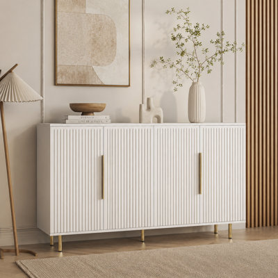 Large Modern White Sideboard: Featuring Grooved Detailing and Adjustable Shelves—Seamlessly Switch Between Storage and Display Functions.