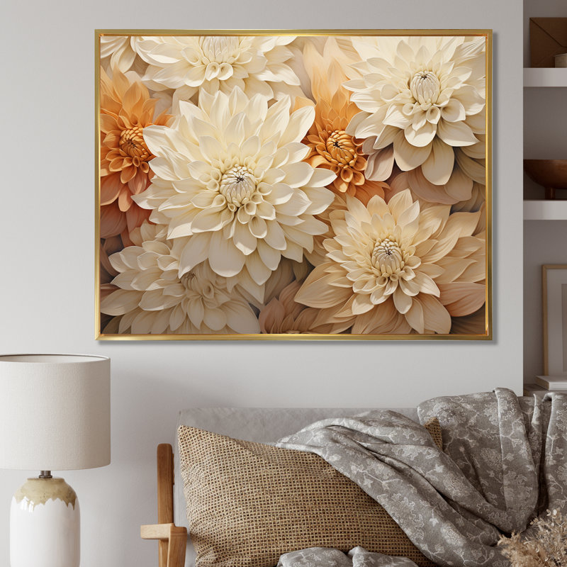 Minimalisme des mamans en fleurs en beige et or, H 30 po x l 40 po x P 1,5 po, Cadre flottant doré