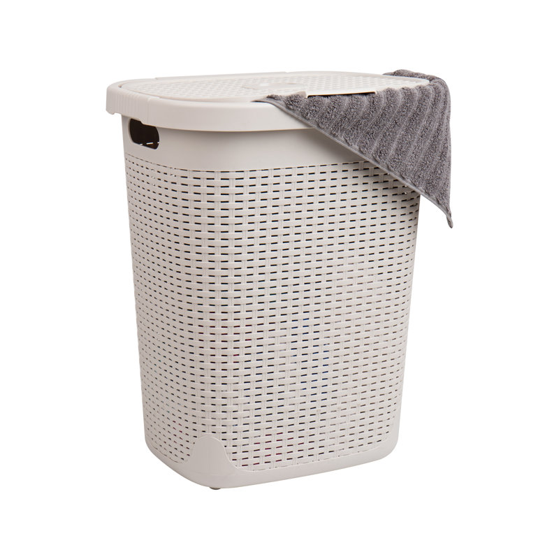  50L Slim Laundry Hamper, Clothes Basket, Lid, Wicker Design, Plastic, Ivory, 21" H x 13.75" W x 9.75" D