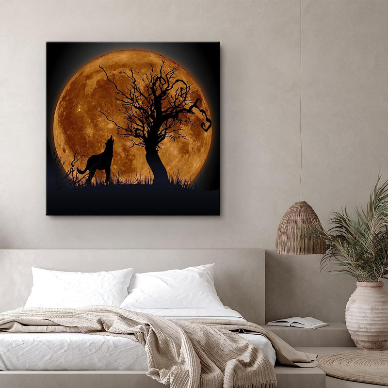 «Harvest Moon Night Sky Forest Tree Wolf Silhouette» sur toile, H 12 po x l 12 po x P 1,5 po