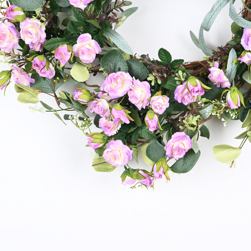 22" Artificial Farmhouse Spring Summer Blossoms Cluster Foliage Rose Floral Wreath For Front Door, Purple/Green