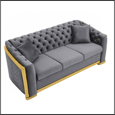 Velvet Luxury Chesterfield Sofa Set 84 Inches Tufted 3 Seat Couch with Gold Stainless