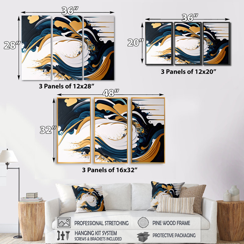 Bleu et or, art moderne abstrait, peinture V - ensemble d'art mural moderne sur toile, H 28 po x l 36 po x P 1 po