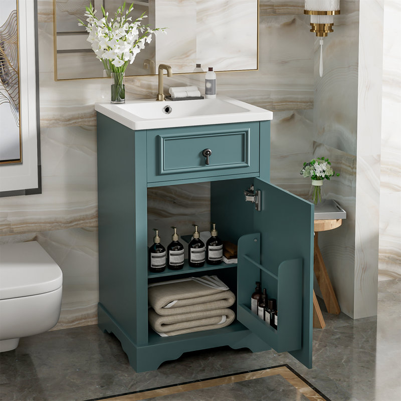 20" Bathroom Single Vanity with Ceramic Top, Soft-Close Cabinet and Rack, Green