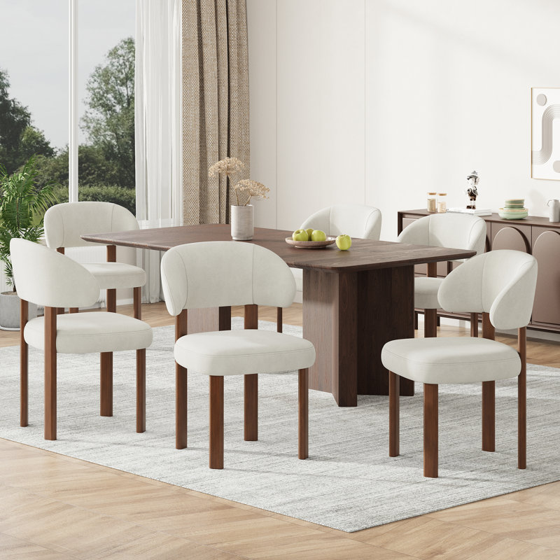 Chaises de salle à manger modernes rembourrées avec dossier incurvé et pieds en bois massif, Tissu beige