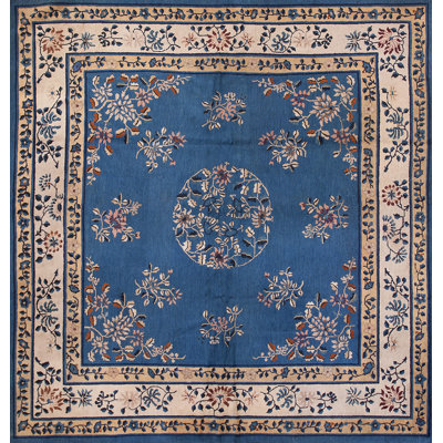 Blue Color Square Shape Antique Floral Medallion Hand Knotted Chinese Peking Rug