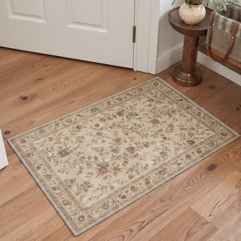 Paillasson lavable à poils courts antidérapant, motif floral beige/vert, Rectangle 2' x 3'
