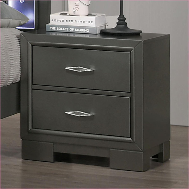 Table de chevet contemporaine en bois massif à 2 tiroirs gris métallique