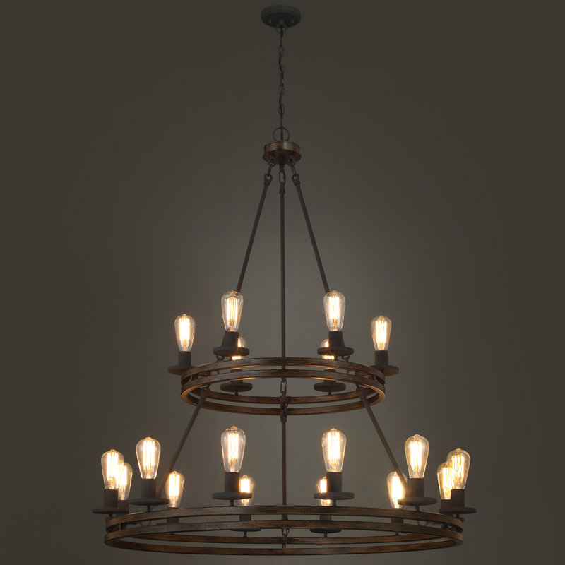 Lustre en forme de bougie à roulettes en acier à intensité variable de 18 lumières Philly avec accent de bois certifié UL