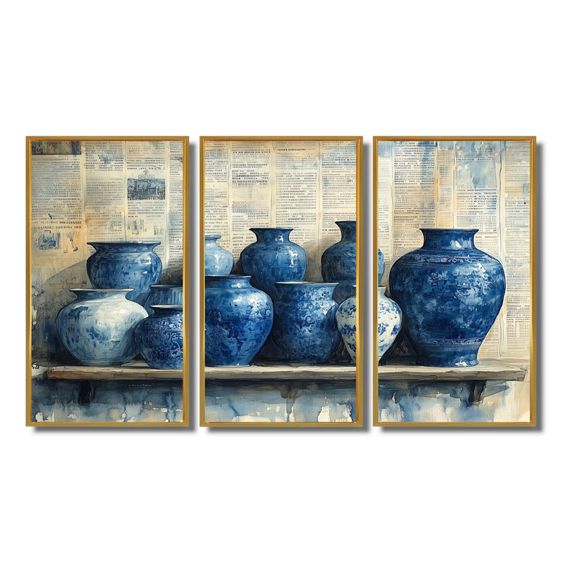Ensemble de salon mural China China, Toile avec cadre flottant or, H 32 po x l 48 po x P 1 po
